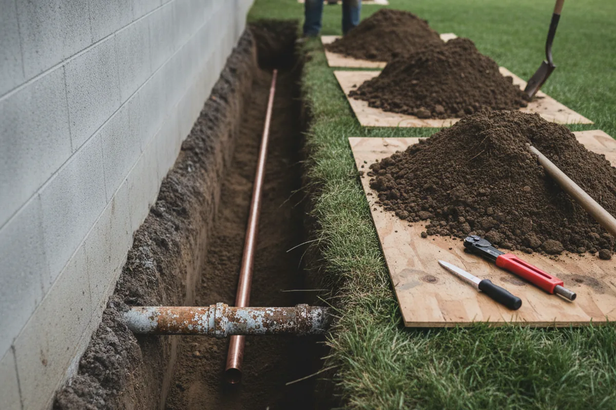Excavated water line trench during Sewer Line Repair in Wyoming